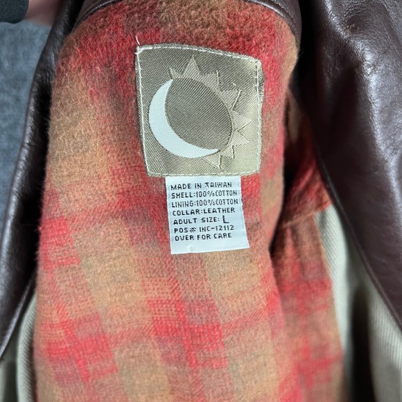 Vintage Marlboro Work Jacket Mens L Khaki Tan Leather Collar Plaid Lined Chore - Picture 7 of 7